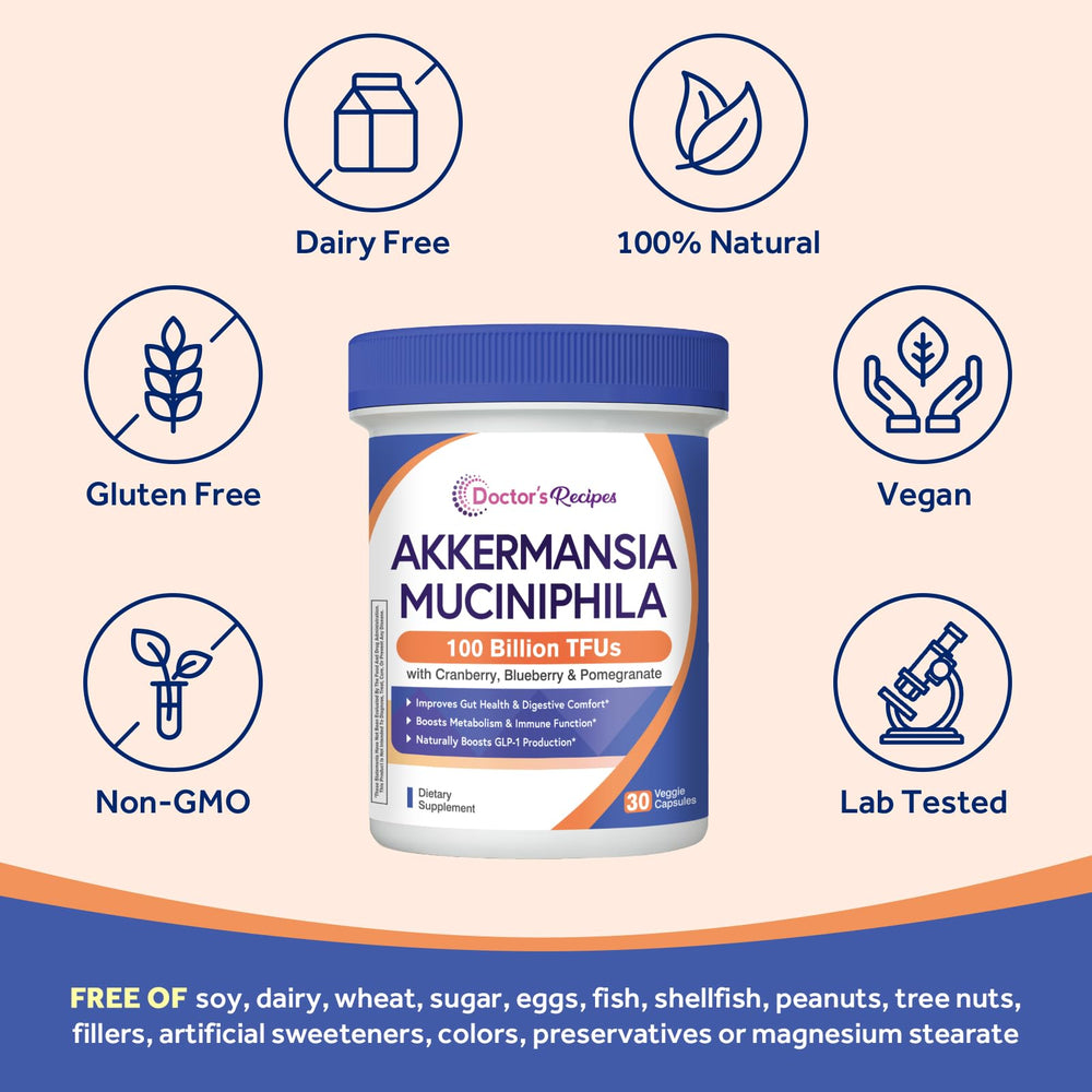 Doctor's Recipes pasteurized Akkermansia muciniphila ensures stable gut delivery.