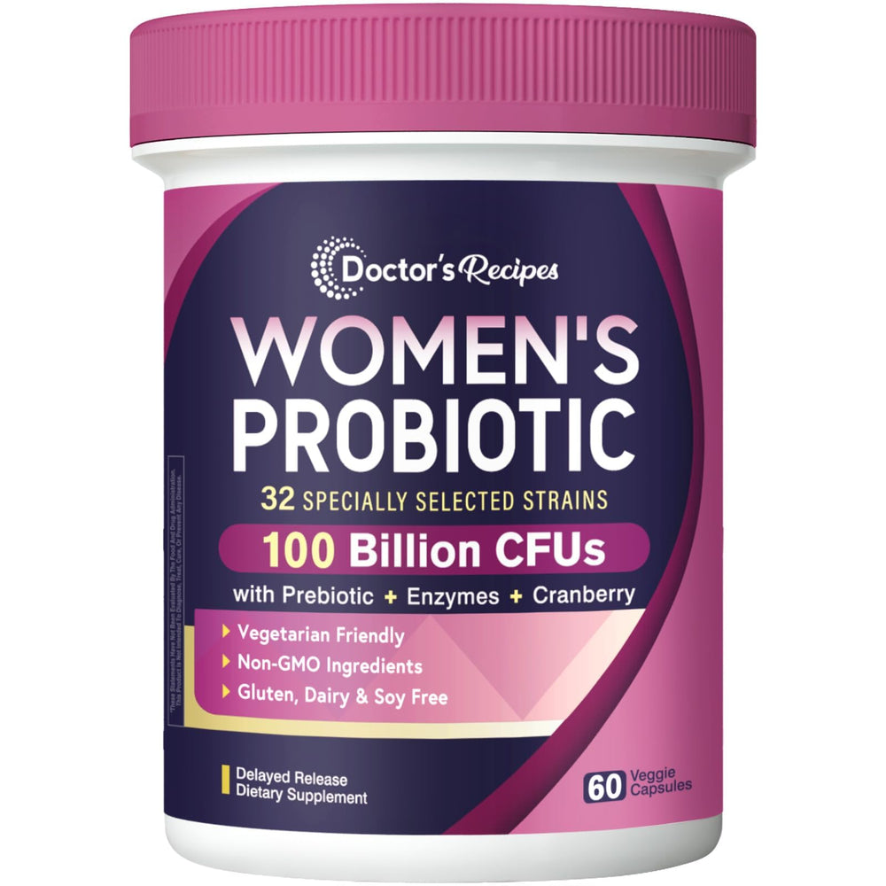 Doctor's Recipes Probiotics bottle with capsules shows 100B CFU and 32 strains for women