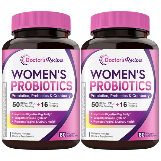 Doctor's Recipes Women's Probiotics bottle front showing 50B CFU and 16 strains