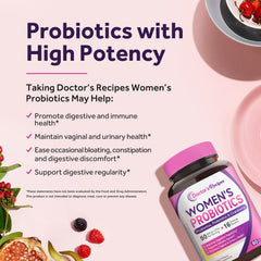 Doctor's Recipes Women's Probiotics capsules close-up highlighting delayed-release capsule design