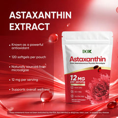DOK 12mg astaxanthin softgels close-up emphasizing potency.