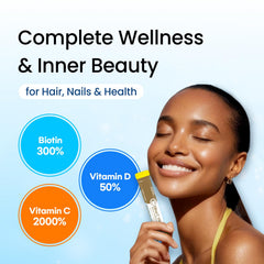 DONGKOOK Vita Pop vitamin D3 and biotin blend image demonstrating skin and hair support.
