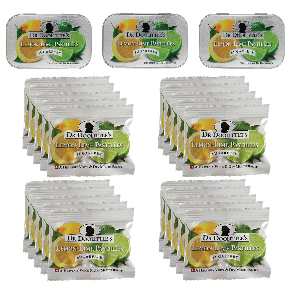 DOOLITTLE pastilles lemon-lime tin front, compact travel-ready throat comfort.