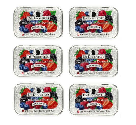 DOOLITTLE Wild Berries pastilles tin front shows compact, travel-friendly relief option.