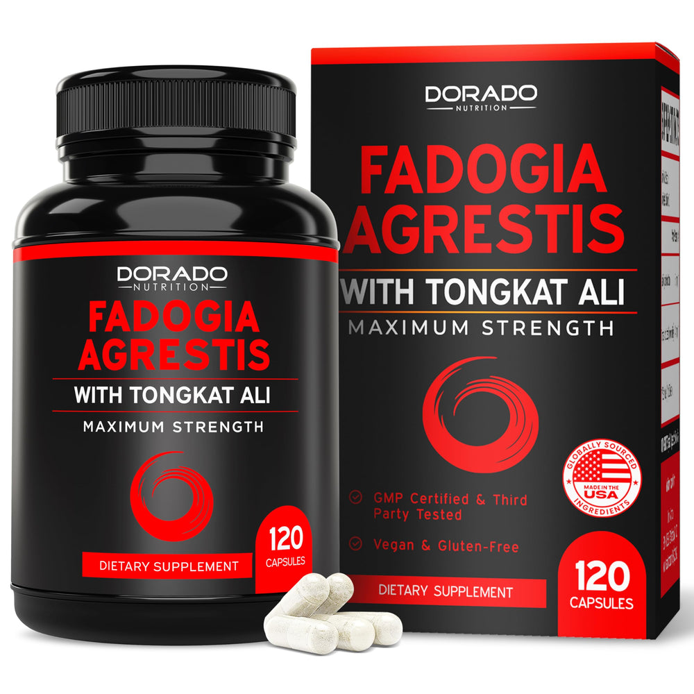 Dorado Nutrition Fadogia Tongkat bottle front, premium USA-made supplement.