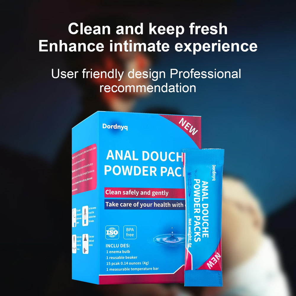 Dordnyq Anal Douche Powder dissolving in water for cleansing setup.