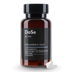 DoSe by VH bottle front showing 300 mg hyaluronic acid capsules for daily hydration