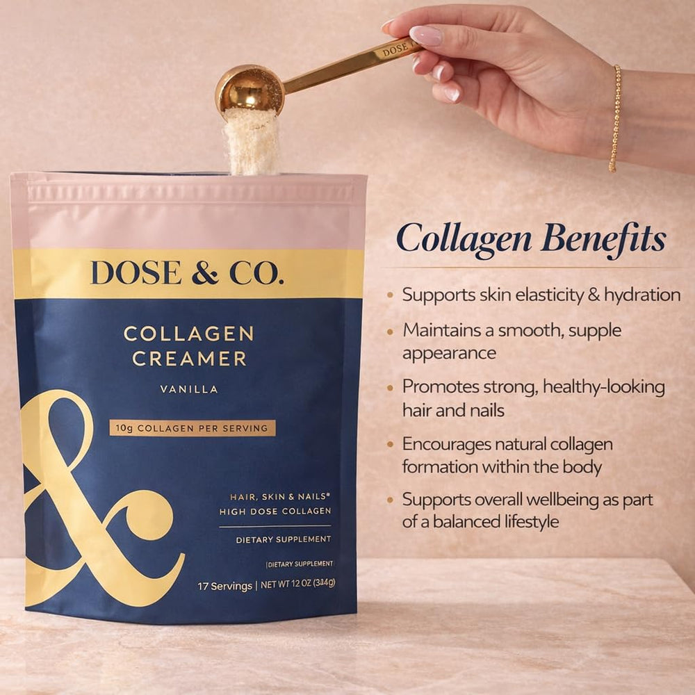 Close-up of DOSE & CO Vanilla Collagen Creamer bottle showing sleek design.