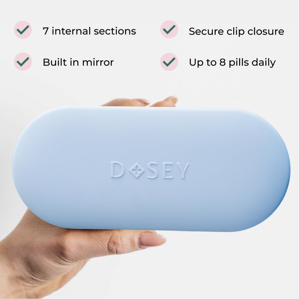 Dosey Pill Compact travel kit blue demonstrating portable design for on the road routines
