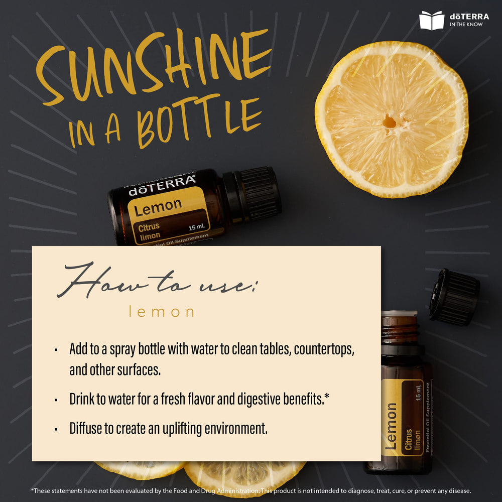 doTERRA Lemon essential oil label closeup highlighting purity and quality