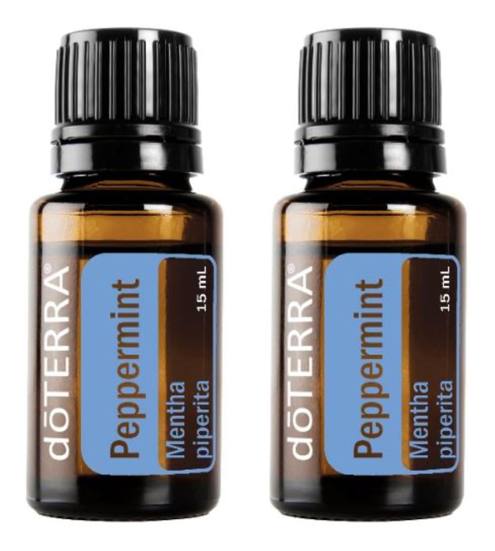 doTERRA Peppermint essential oil bottle closeup shows purity and refreshing aroma.