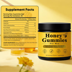 Dotkara Honey Gummies bottle on desk, convenient vegan vitality snack.