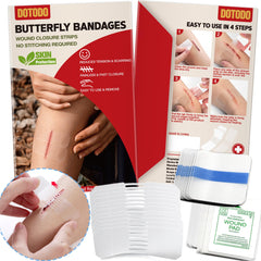 Dotodo butterfly bandages emergency closure close-up demonstrates quick, painless wound management.