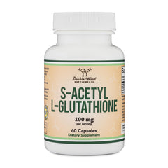 Double Wood S-Acetyl L-Glutathione bottle highlighting potentially better absorption