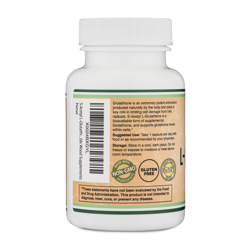 Double Wood S-Acetyl L-Glutathione packaging on shelf for USA-made quality