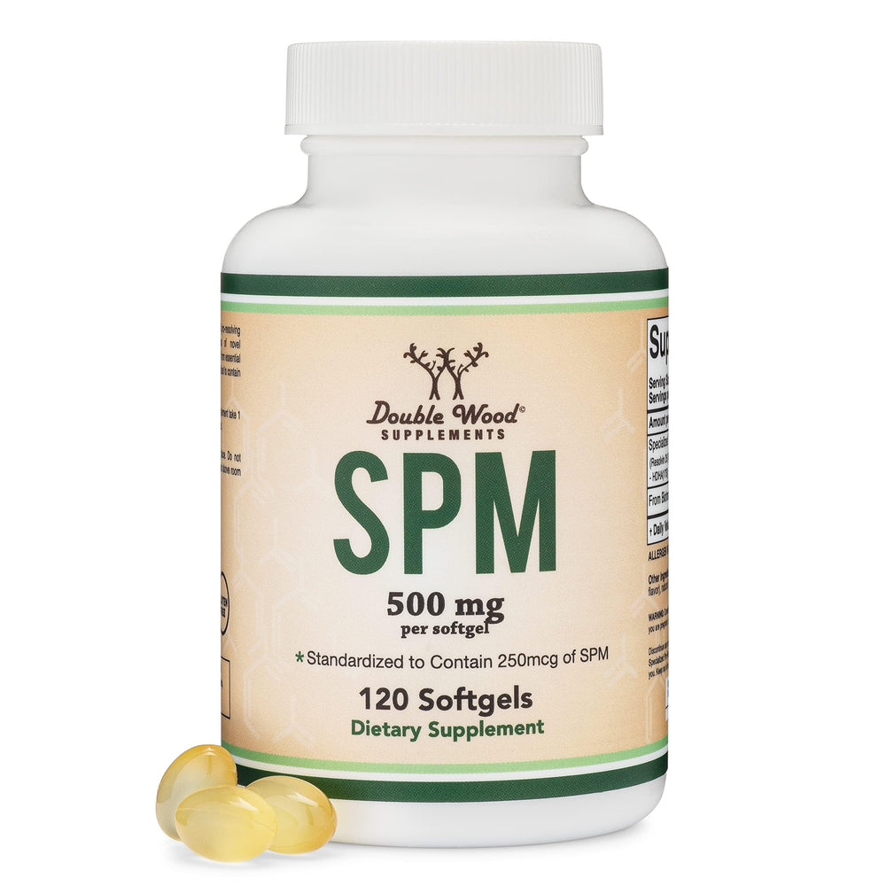 Double Wood SPM Max bottle with softgels for daily wellness support.