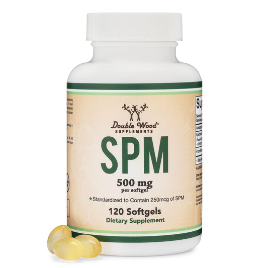 Double Wood SPM Max bottle with softgels for daily wellness support.