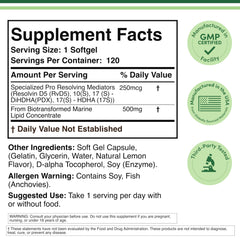 Double Wood SPM Max label shows 250 mcg active SPM per softgel.