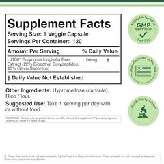 Double Wood LJ100 Tongkat Ali bottle side shows dosage and potency.