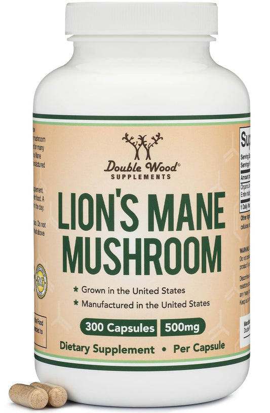 Double Wood Lions Mane bottle for focus support and immune health.