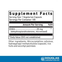 Douglas Laboratories DHEA 25 mg capsules closeup pills; micronized formula for faster absorption.