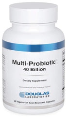 Douglas Laboratories Multi-Probiotic 40 Billion bottle close-up showing vegetarian capsules for gut microflora support.