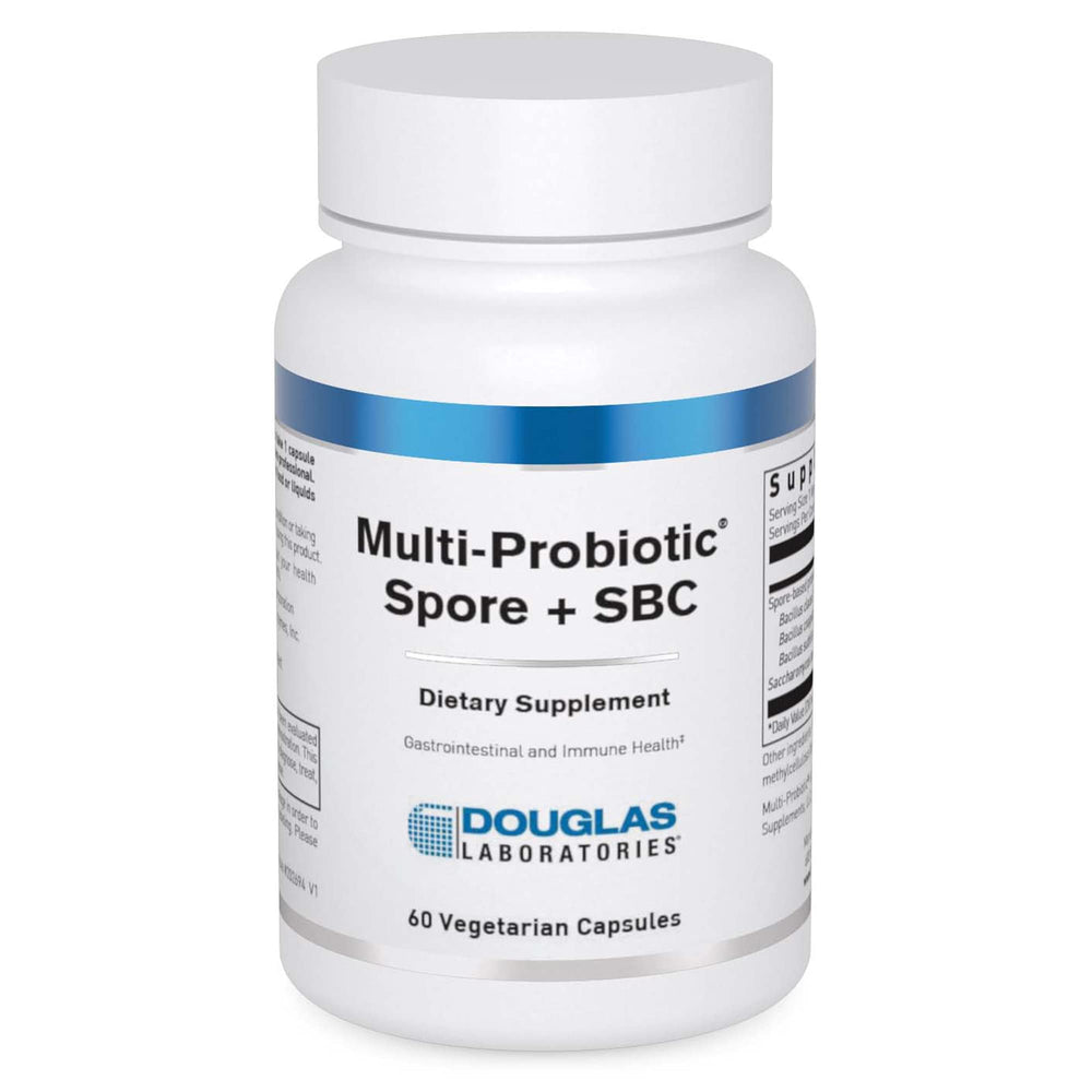 Douglas Laboratories Multi-Probiotic Spore SBC bottle front shows easy-to-swallow capsules for gut support.
