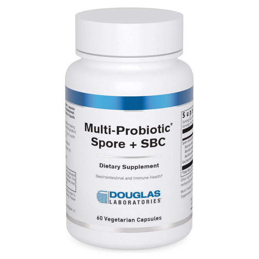 Douglas Laboratories Multi-Probiotic Spore SBC bottle front shows easy-to-swallow capsules for gut support.