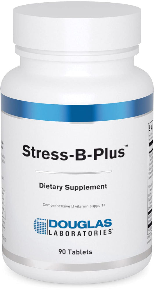 Douglas Laboratories Stress-B-Plus tablets on a clean surface supporting metabolism.