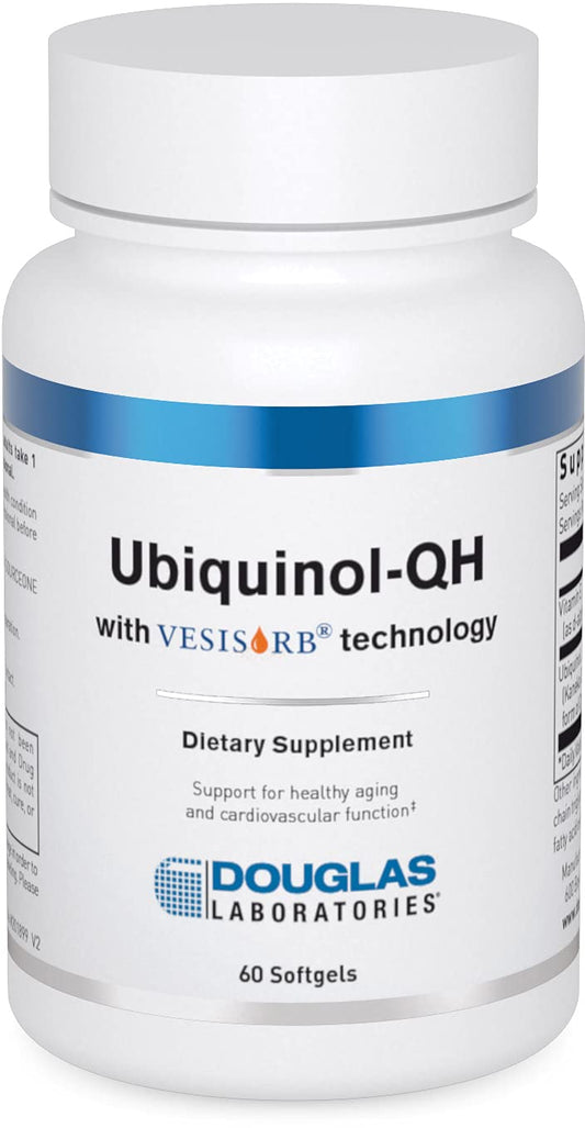 Douglas Laboratories Ubiquinol-QH softgel bottle displayed for aging and heart health support.