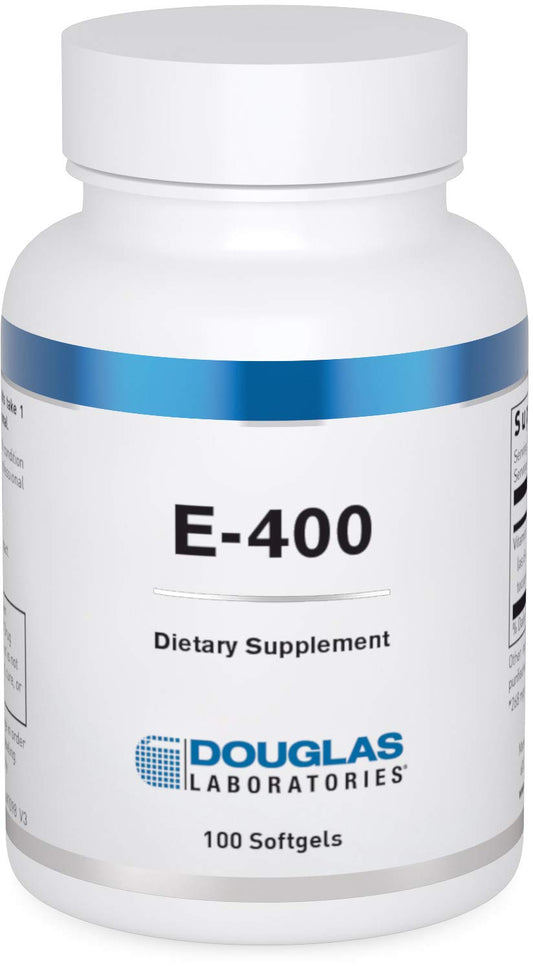 Douglas Laboratories E-400 bottle-front with capsules for daily antioxidant support.