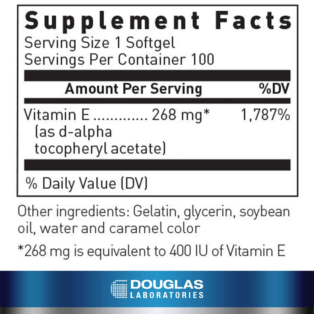 Douglas Laboratories E-400 capsules close-up highlighting vitamin E benefits for cellular support.