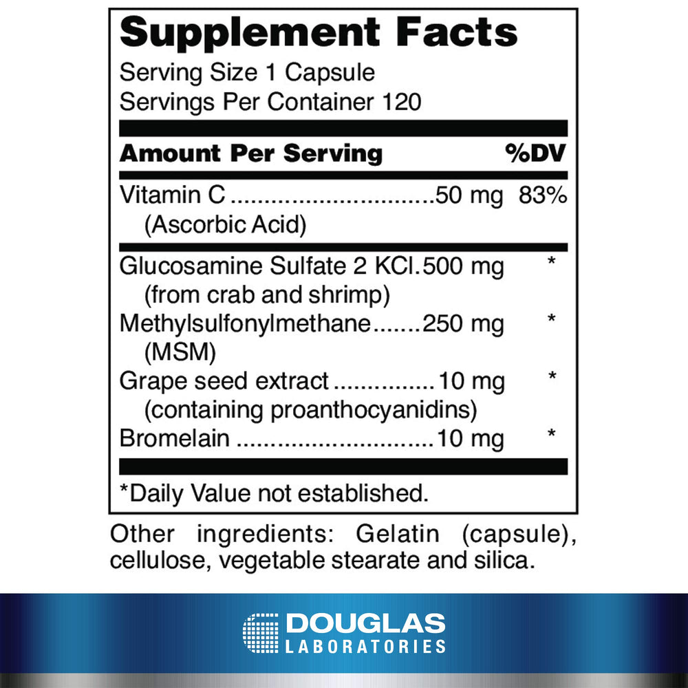 Douglas Laboratories Glucosamine MSM Forte bottle back shows supplement details for aging joints