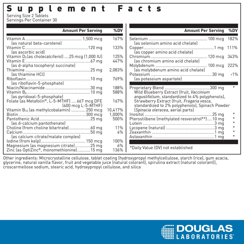 Douglas Laboratories Ultra Preventive 2 Daily tablets spread shows essential nutrient coverage.