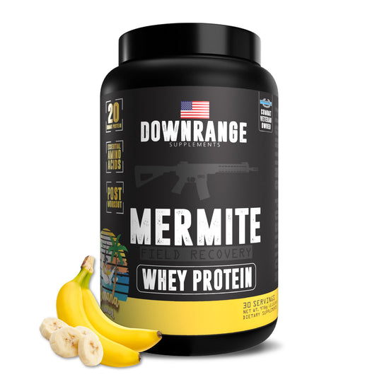 DownRange Mermite whey protein banana tub ready for post-workout recovery