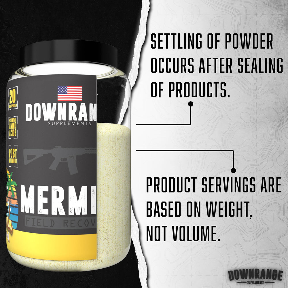 DownRange Mermite protein label close-up highlighting 20 g protein and 9 g EAAs