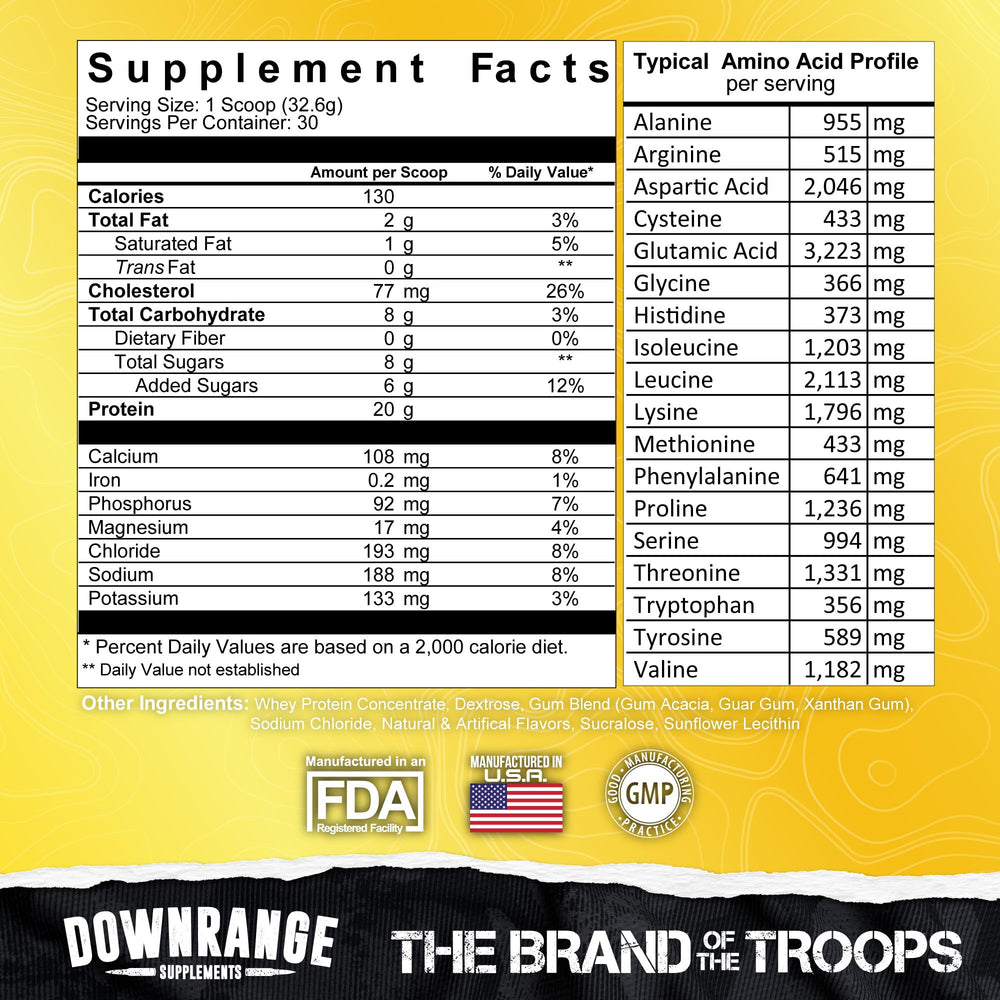 DownRange Mermite whey protein powder close-up label emphasizes quality ingredients
