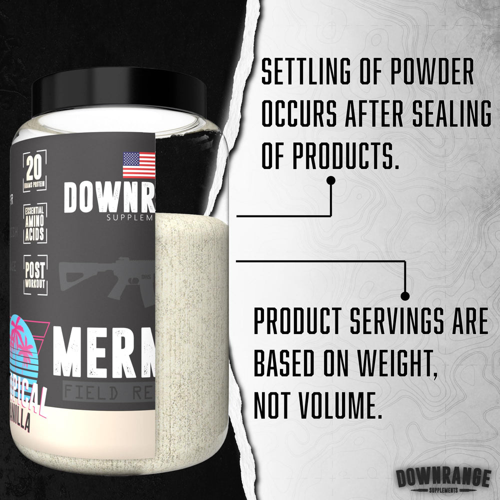 DownRange Mermite whey vanilla nutrition panel highlights protein per serving.