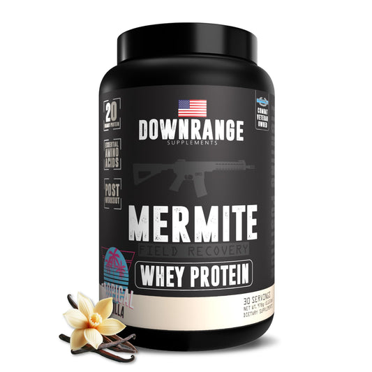 DownRange Mermite whey vanilla tub for post-workout recovery support.