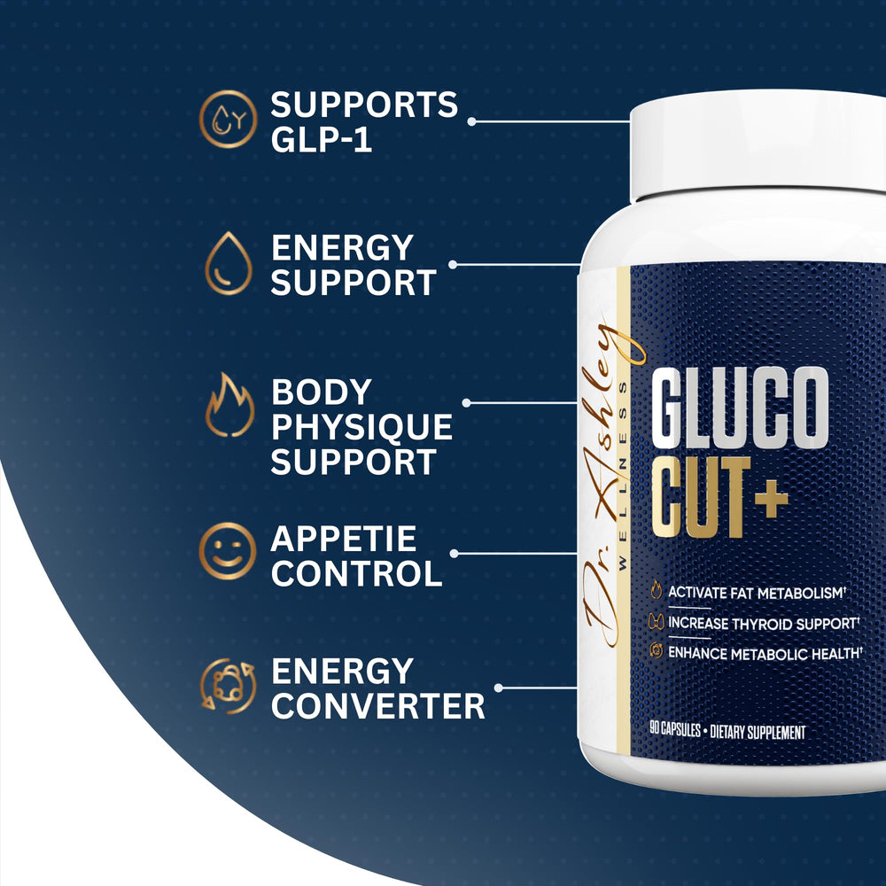 Dr. Ashley Wellness GlucoCut+ ingredients list highlighting key nutrients.