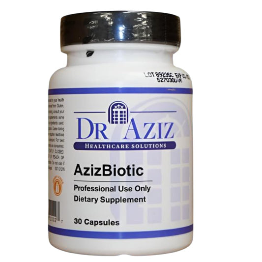 Dr Aziz AzizBiotic bottle front showing 30 capsules for gut health support