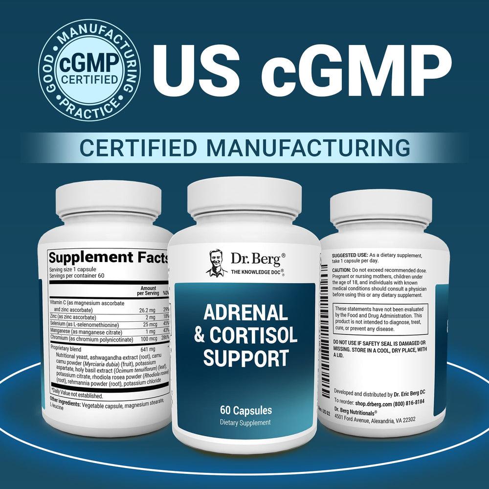 Dr. Berg Adrenal & Cortisol Capsules showcasing Rhodiola for stress support concept.