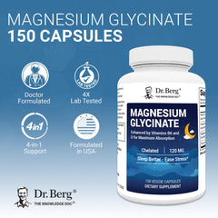 Dr. Berg Magnesium Glycinate bottle side highlighting dosage and daily use.