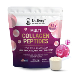 Dr. Berg Multi Collagen Powder bottle shows unflavored formula for versatile daily use.