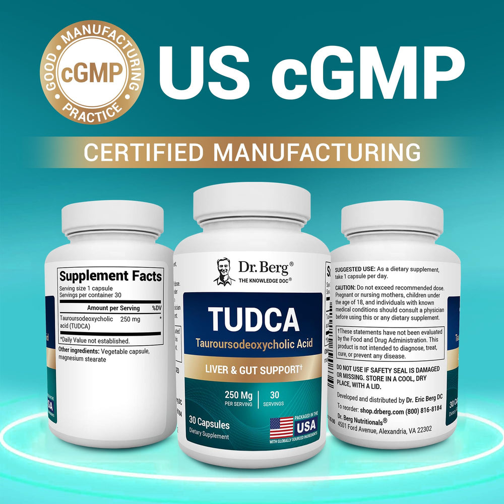 Dr. Berg TUDCA bottle with packaging on a clean countertop.