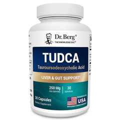 Dr. Berg TUDCA capsules close-up highlighting potential bile flow support.