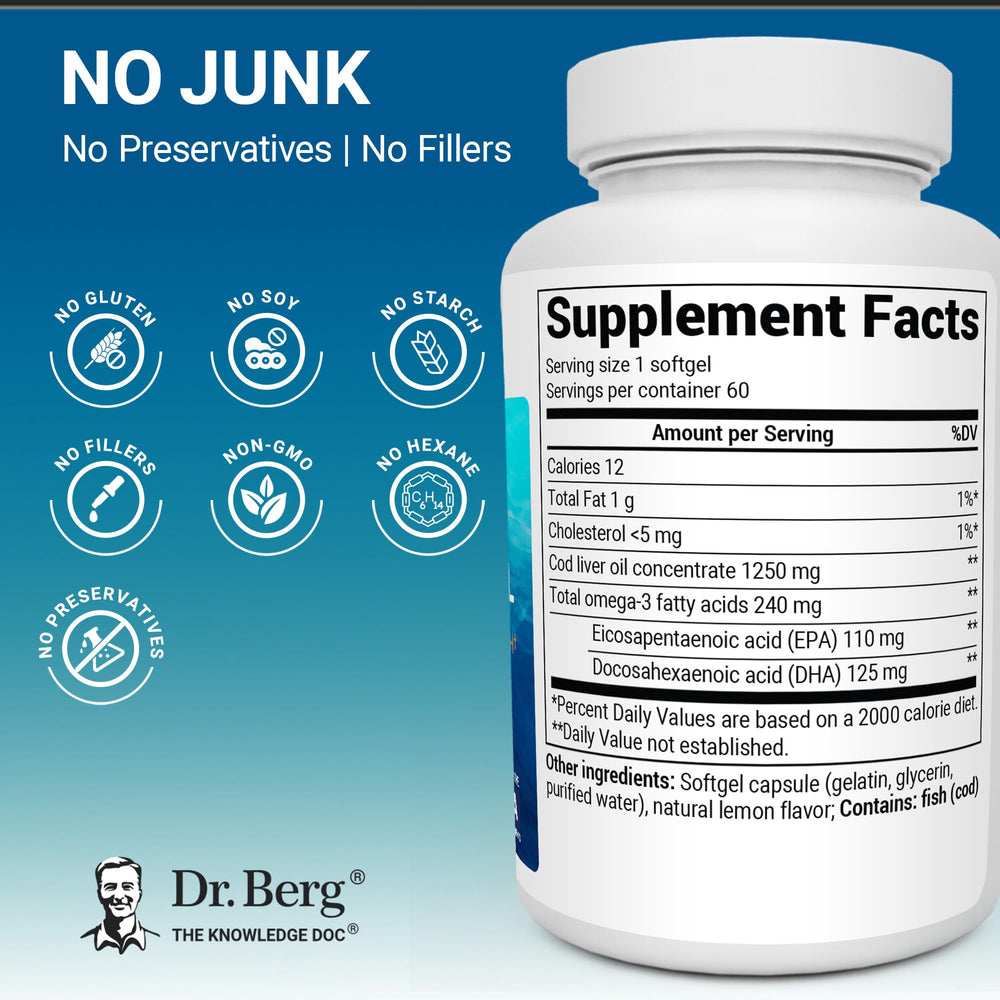 Lab testing badge showing four-time purity checks for Dr. Berg Omega-3.