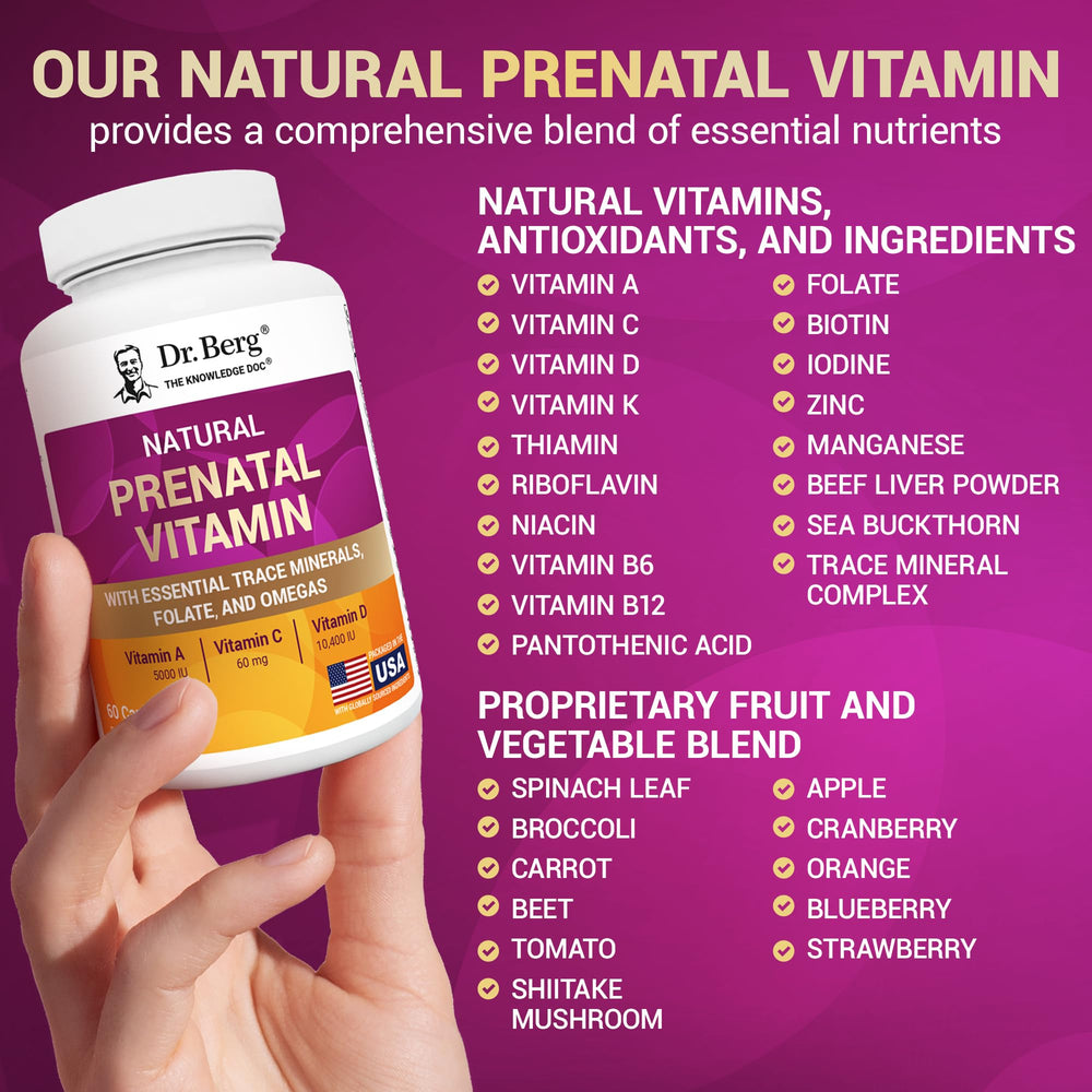 Dr. Berg Prenatal label detail emphasizes folate and omegas.