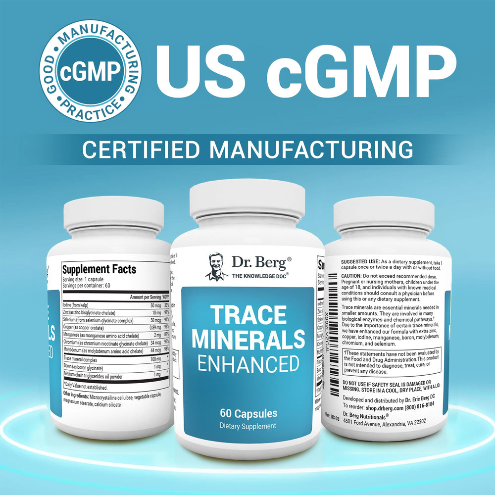 Dr. Berg Trace Minerals GMP facility image emphasizing quality manufacturing standards.