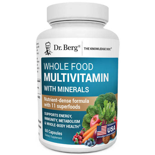 Dr. Berg Whole Food Multivitamin bottle highlights premium ingredients for daily wellness support.
